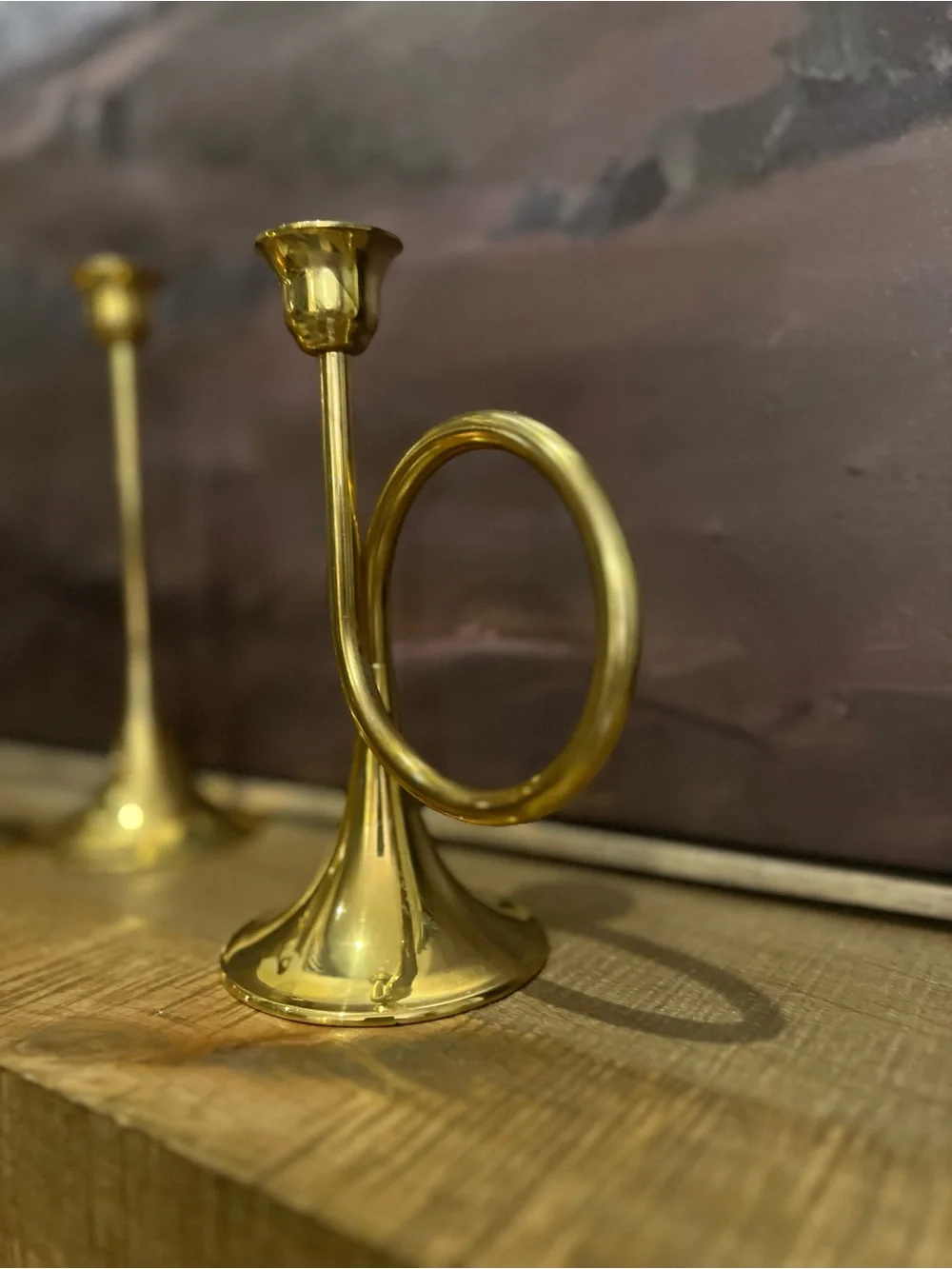Vintage Silvestri Brass Bugle Horn Candlestick Holders Set of 3